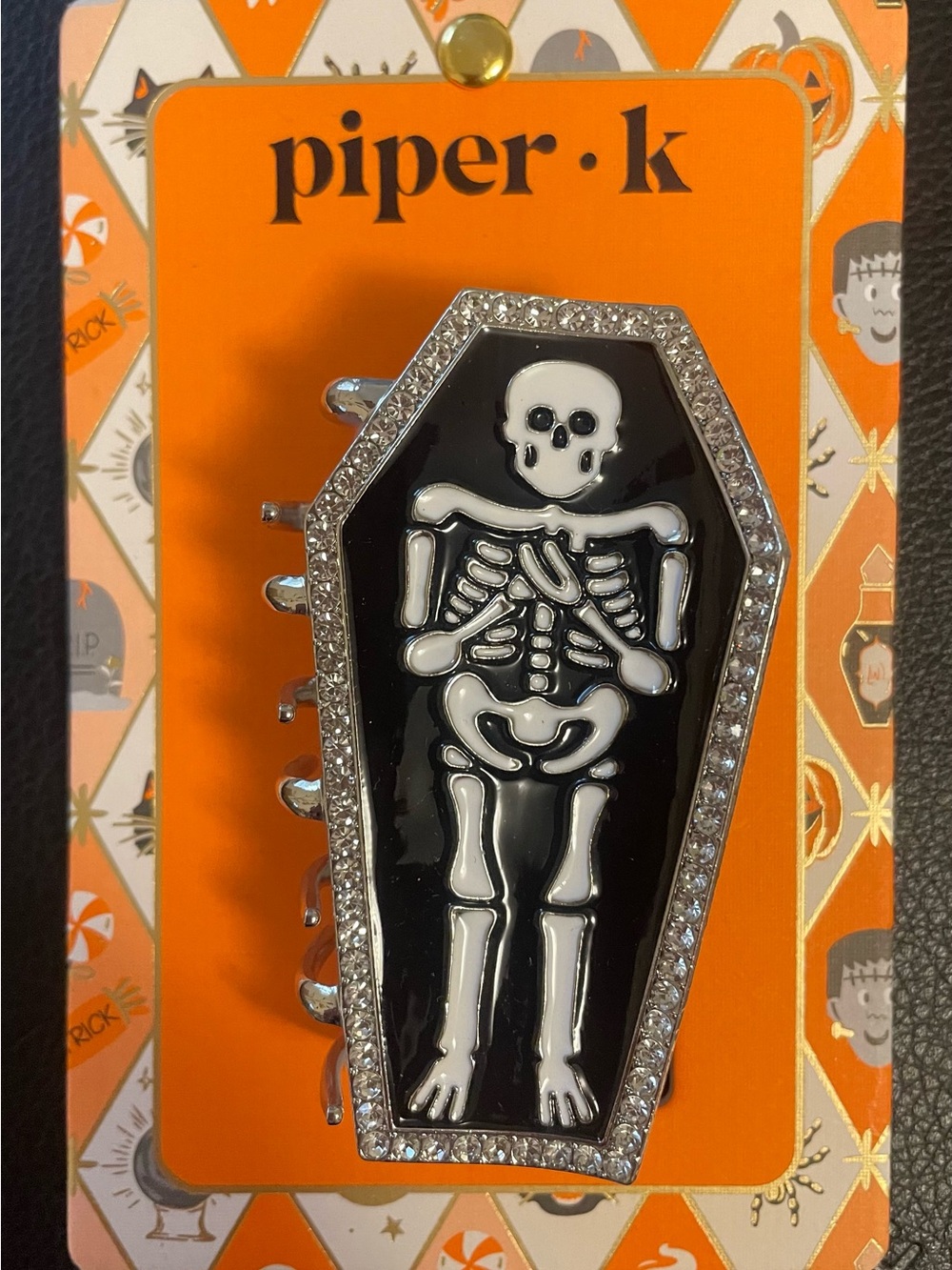 Piper Black Sparkly Skeleton Coffin - Hair Clip - Halloween Accessory - New